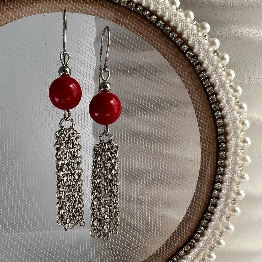 Chain Drop Long Earrings with Red Beads